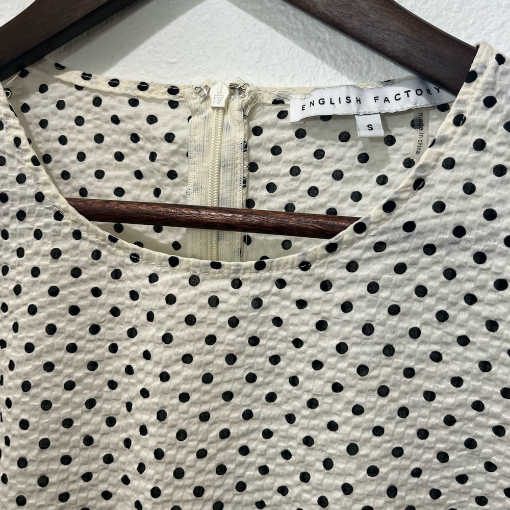 ENGLISH FACTORY WHITE BLACK POLKA DOT PUFF LONG RUCHED SLEEVE BLOUSE - Picture 4 of 9